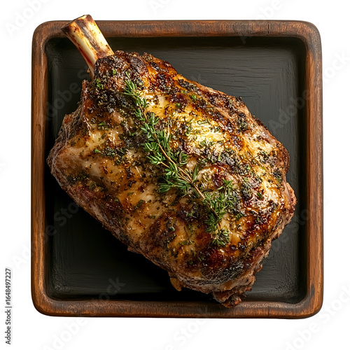 Top view of a delicious looking roasted lamb on a dark wooden tray isolated on a white transparent background