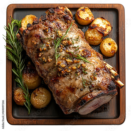 Top view of a delicious looking roasted lamb on a dark wooden tray isolated on a white transparent background
