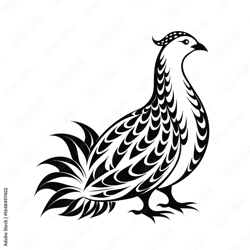 Fototapeta premium Elegant ptarmigan in snow with decorative feather lines isolated on white background