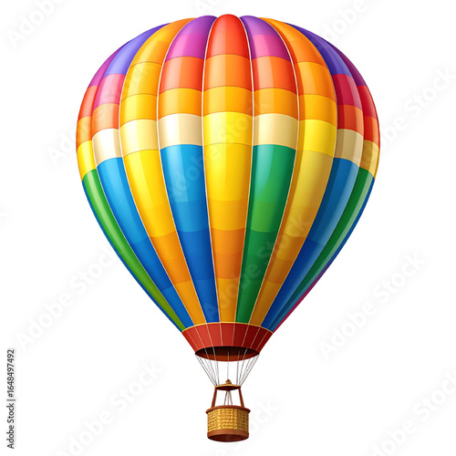 Colorful hot air balloon with rainbow stripes and a wicker basket, isolated on white.