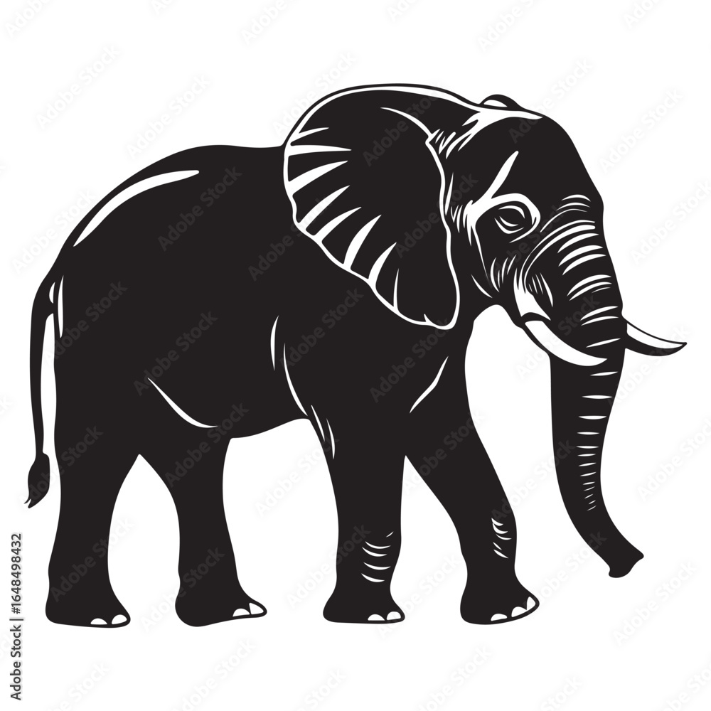 Fototapeta premium Black silhouette of an African elephant with tusks in side view vector illustration
