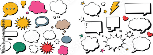 Colorful comic speech bubbles, thought clouds, stars, hearts, lightning bolts, creative doodles, playful design, cartoon style, decorative elements, vector art