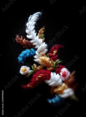 Detailed close-up of embroidered floral design on dark fabric