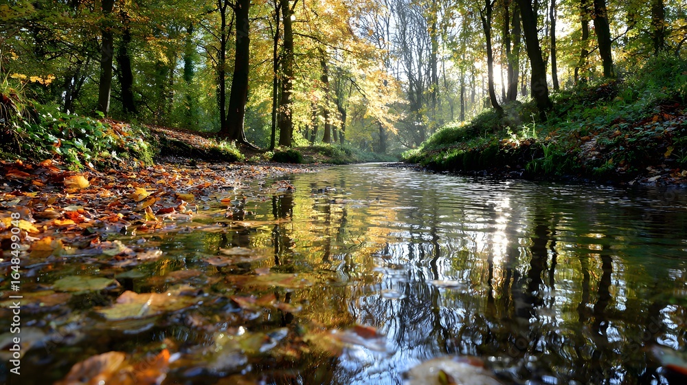 Fototapeta premium Autumnal stream flowing through a woodland.