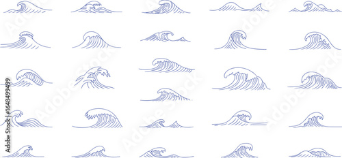 Collection of 25 unique wave illustrations, ocean and sea designs, surfing themes, water patterns, coastal art, blue marine decorative graphics