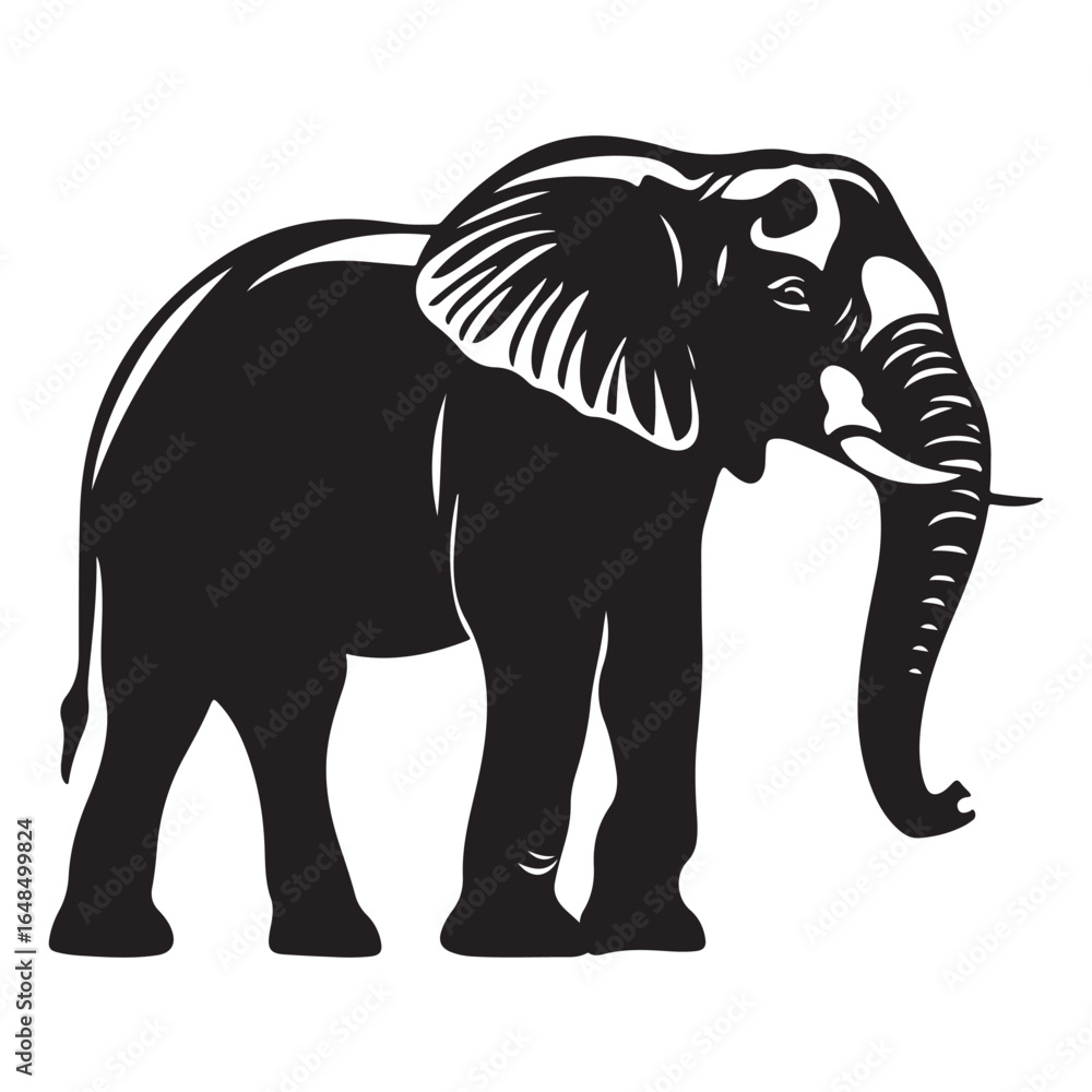 Obraz premium Black silhouette of an African elephant with tusks in side view vector illustration