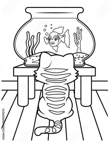 Coloring Page of a Kitten Looking at a Fishbowl
