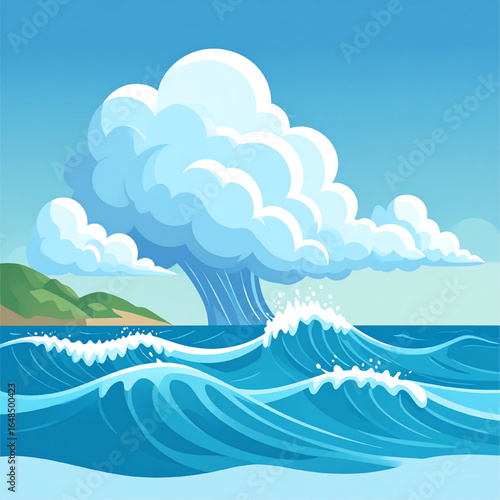 A vibrant illustration of a large storm cloud over a turbulent ocean.