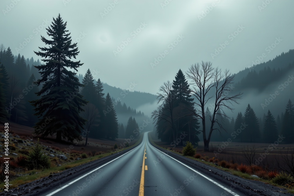 Naklejka premium A scenic mountain road winds through lush forests under the overcast skies of the rainy season.