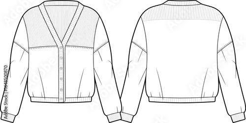 V-neck cardigan sweater, button front knitwear, flat fashion sketch, ribbed detailing, women’s garment CAD, vector illustration, cozy stylish design
