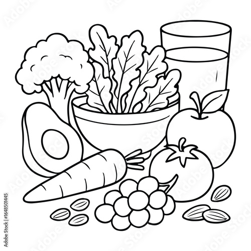 Healthy food composition vegetables, fruits, juice, and nuts.