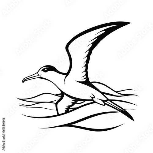 Elegant shearwater bird gracefully gliding over calm water with a thin smooth outline illustration
