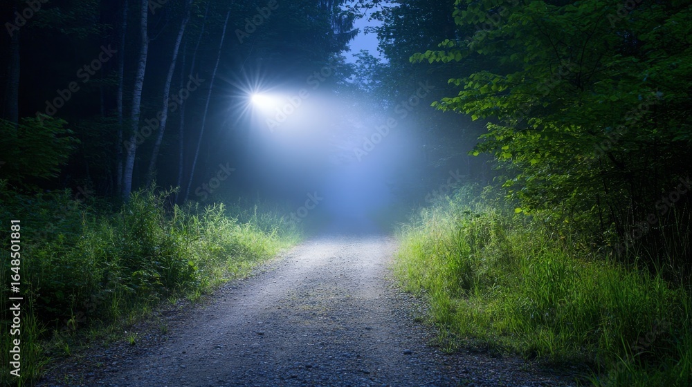 Obraz premium Foggy Gravel Road through Forest with Light