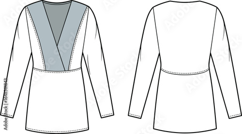 Long sleeve tunic dress, V-neck blouse top, CAD fashion sketch, technical flat illustration, vector fashion design, garment template drawing