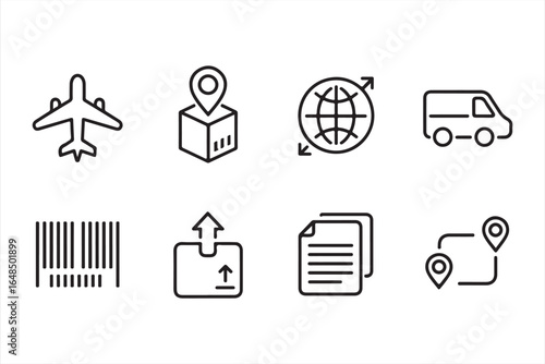 Line-style icons for shipping, tracking, and transportation management