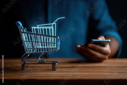 Miniature shopping cart with a glowing drink graphic on a wooden table, a person holds a smartphone
