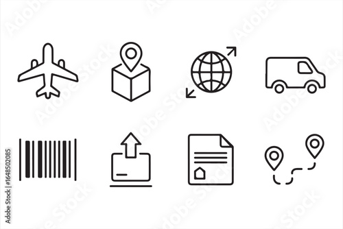 Set of 8 icons representing package delivery, shipment tracking, and logistics processes