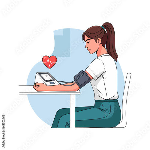 Cardiovascular health monitoring concept, woman with blood pressure device vector set