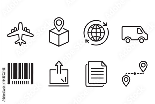 Collection of global shipping and package tracking icons in minimal line style