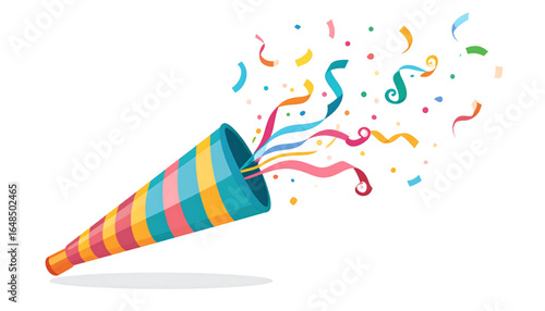 Colorful party horn exploding with confetti and ribbons, celebrating festive occasion.