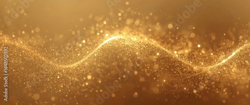 Golden wave of glowing particles flowing across a bright backdrop with shimmering bokeh effects.
