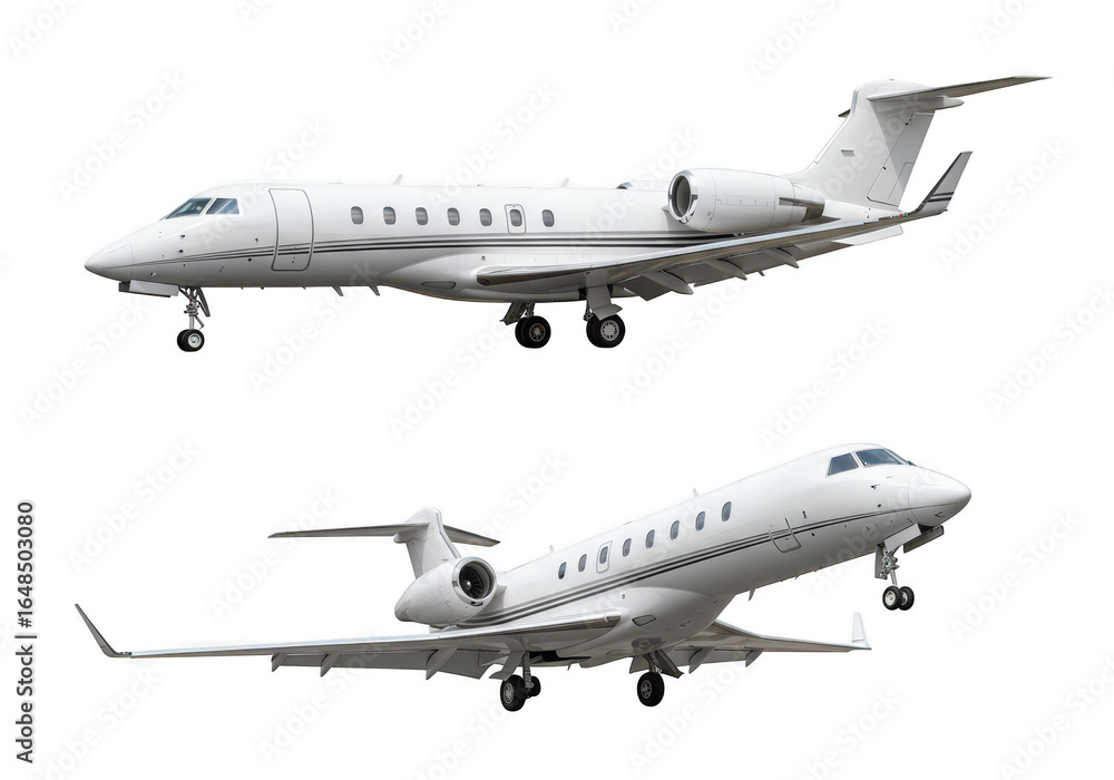 Obraz premium Two modern white business jet airplanes in flight, isolated on transparent background, showcasing aviation and luxury travel