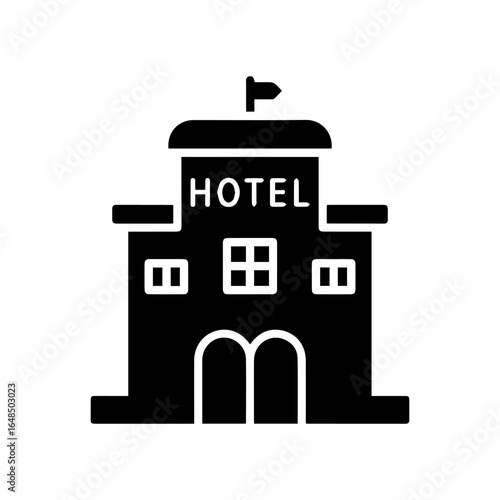 Simple Black and White Hotel Icon with Flag.