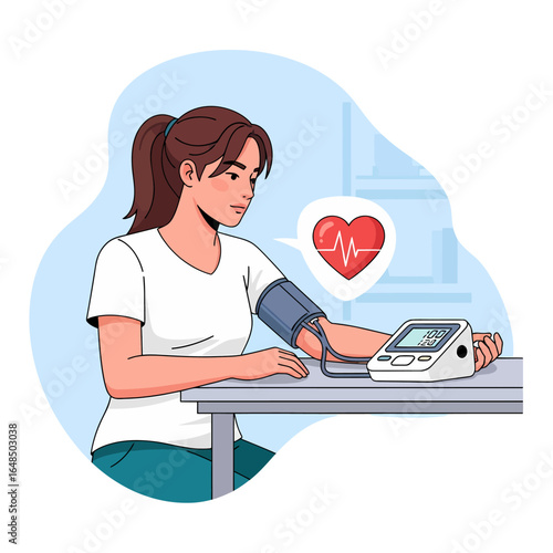 Cardiovascular health monitoring concept, woman with blood pressure device vector set