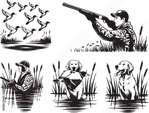 Duck hunter aims shotgun with dog retrieving game in marsh
