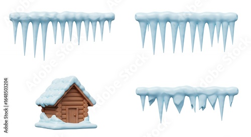 Icicles and wooden cabin winter scene design elements