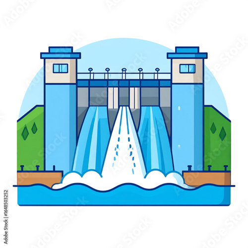 Cartoon illustration of a hydroelectric dam with water cascading down.