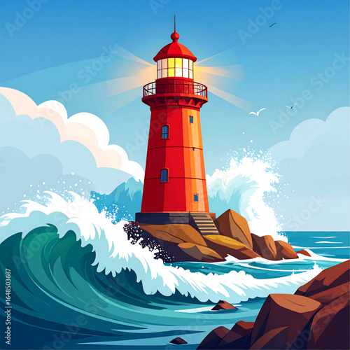 A vibrant red lighthouse bravely stands against crashing waves, its beacon illuminating the stormy sea.