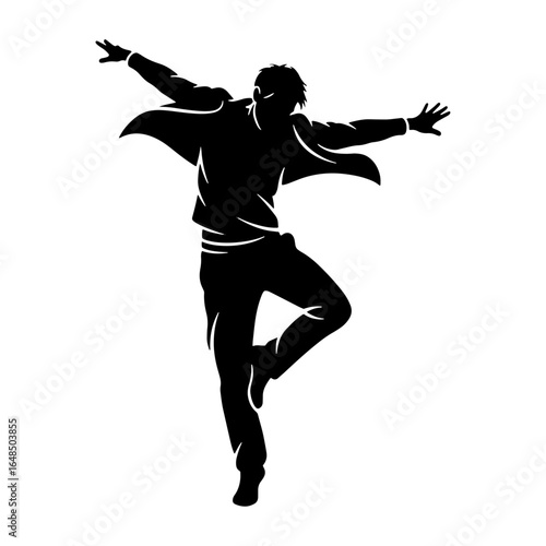 The joy of dancing: A young man dancing in his own style, which is suitable for use in digital marketing campaigns related to positive attitude, mental health, youthful enthusiasm and energy.