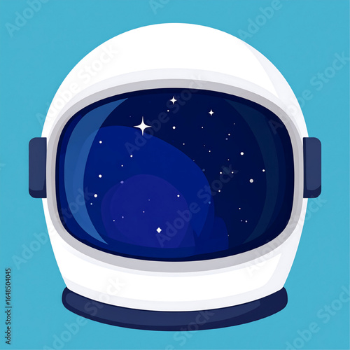 A stylized illustration of an astronaut's helmet with a starry night sky reflected in the visor.