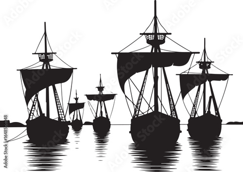 Majestic tall ships sail on calm waters at dawn