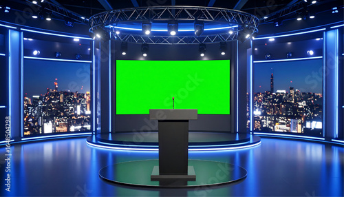 A modern television studio set with a green screen and a podium ready for a presentation or broadcast.