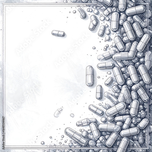Artistic illustration of numerous pills and capsules scattered around a frame, showcasing medication.