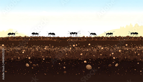 Illustration depicts a cross-section of the ground, showing ants on the surface and layers below.
