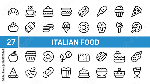 A set of 27  black line art italian food icons arranged in two rows against a white background.  