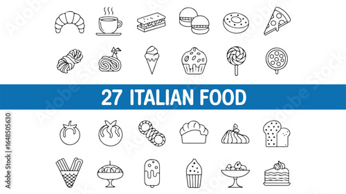 A set of 27  black line art italian food icons arranged in two rows against a white background.  