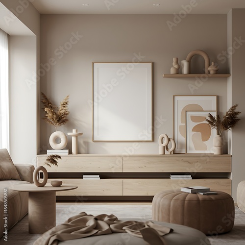 Beige aesthetic living room interior with blank frame on wall for mockup and wooden elements neutral tones for home decor
