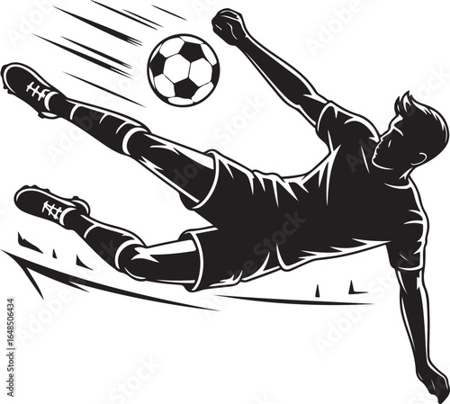 Dynamic soccer player performs acrobatic kick with ball
