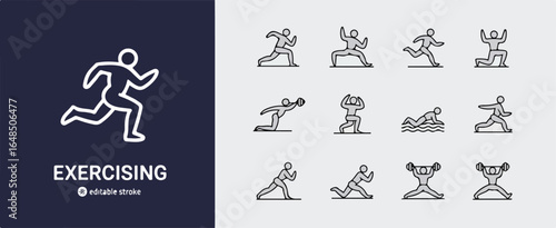 A set of minimalist line art exercise icons arranged in a grid format on a white background.