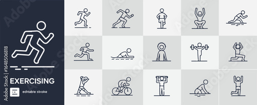 A set of minimalist line art exercise icons arranged in a grid format on a white background.