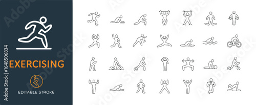 A set of minimalist line art exercise icons arranged in a grid format on a white background.