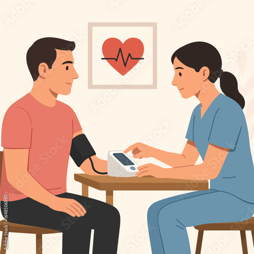 Nurse checking male patient's blood pressure, cardiology and heart health concept