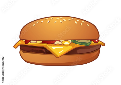 Classic cheeseburger featuring melted cheese, pickles, and ketchup nestled in a soft sesame seed bun for a comforting meal option. Food concept