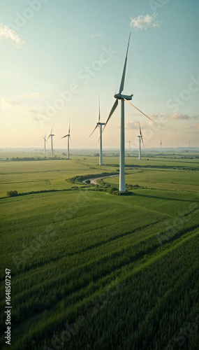 Aerial View of Wind Turbines in Green Field