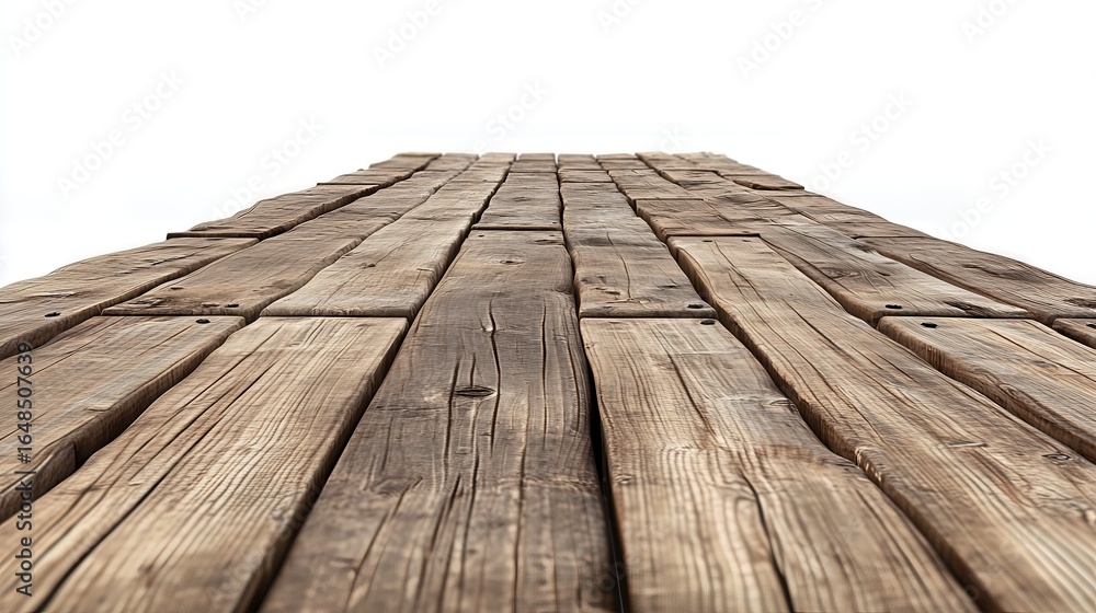Fototapeta premium rustic wooden surface made of old, reclaimed planks isolated on white background. The perspective adds depth.