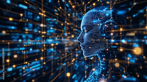Futuristic AI concept with circuit board design and digital human face profile view
